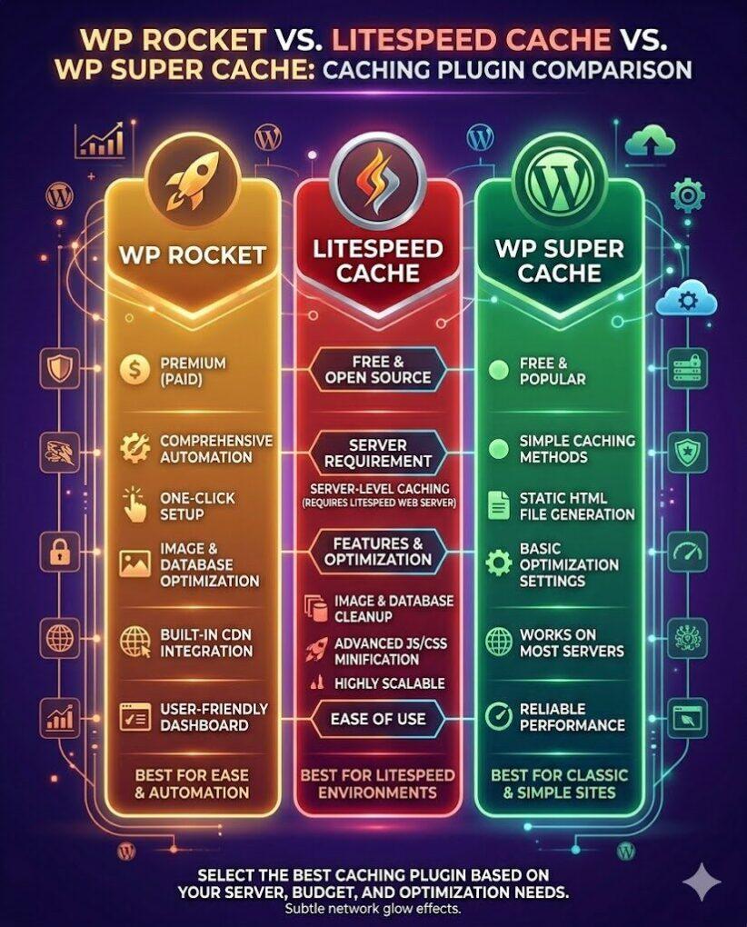 WP Rocket, LiteSpeed Cache and WP Super Cache Performance and Speed Plugins
